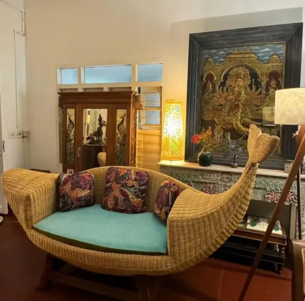 Boat Style Cane Sofa with blue cushion - SLK Cane Furniture