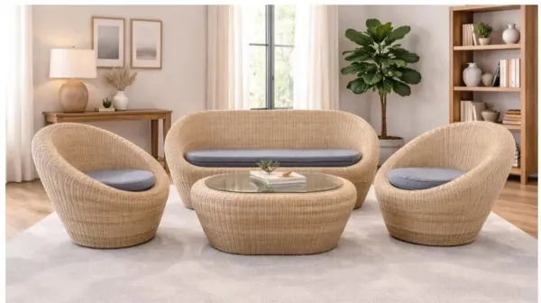 Rounded Bucket Sofa Set with blue cushions - SLK Cane Furniture
