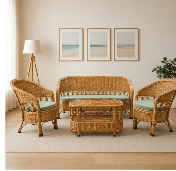 Cane Sofa Set with green cushions - SLK Cane Furniture