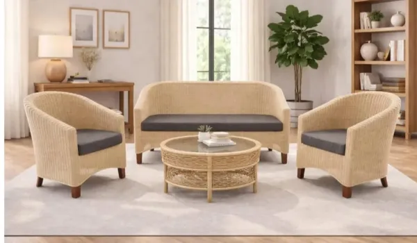Cane Sofa Set with grey cushions and glass table - SLK Cane Furniture