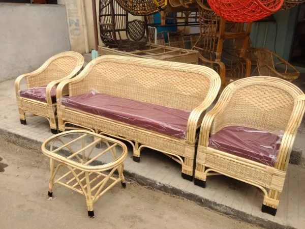 Outdoor Cane Sofa Set with maroon cushions - SLK Cane Furniture