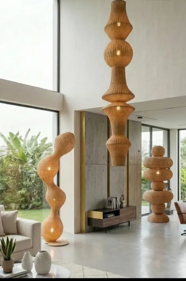 Sculptural Cane Floor Hanging Lamps - SLK Cane Furniture