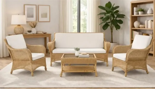 Woven Cane Sofa Set with white cushions - SLK Cane Furniture